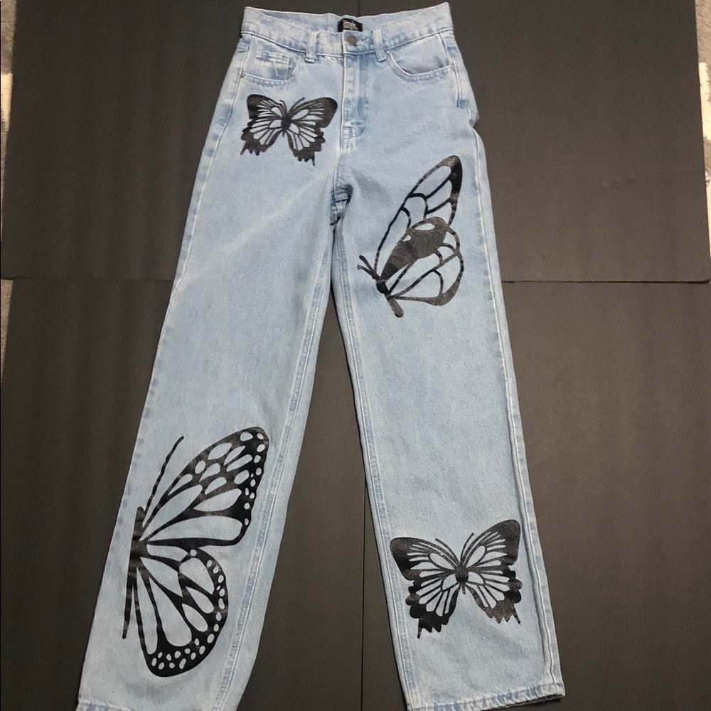 Black Butterfly printed high waisted wide leg jeans size 0/24‎